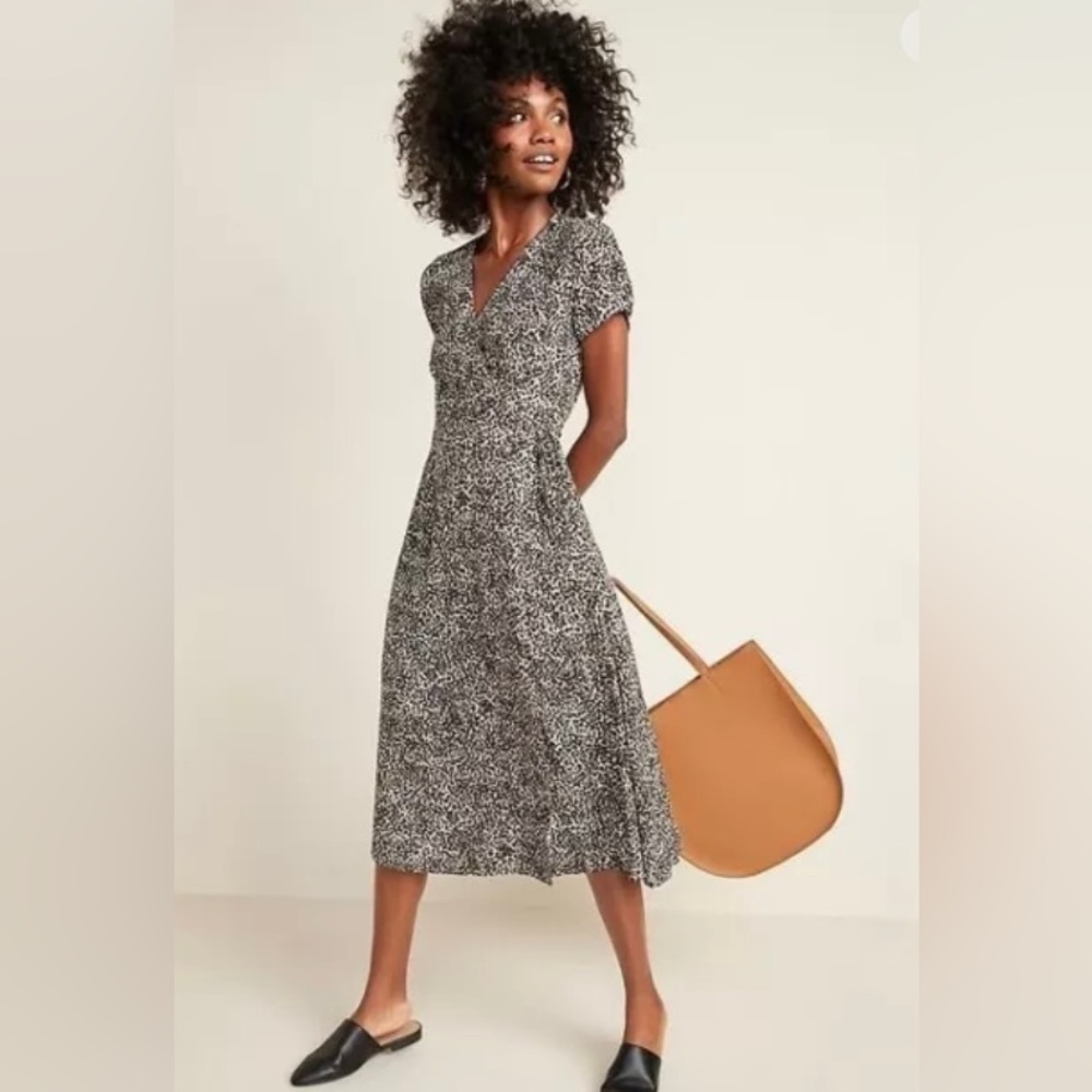 Animal Print Tie Wrap Black and White Midi Dress